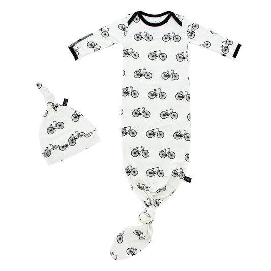 Bikes Bamboo Knotted Newborn Gown + Hat Set - Peregrine Kidswear - Newborn Gown + Hat Sets -
